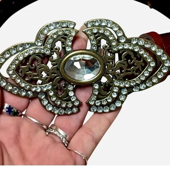 Miss Me Brown Leather Belt with Brass Jeweled Buckle - Picture 2 of 6